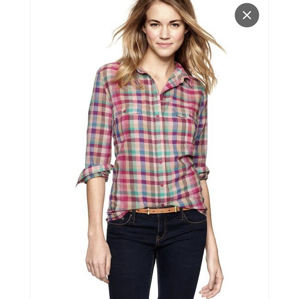 Gap Womens Relaxed Fit Long‎ Sleeved Shirt Size XL Pink Plaid Lightweight